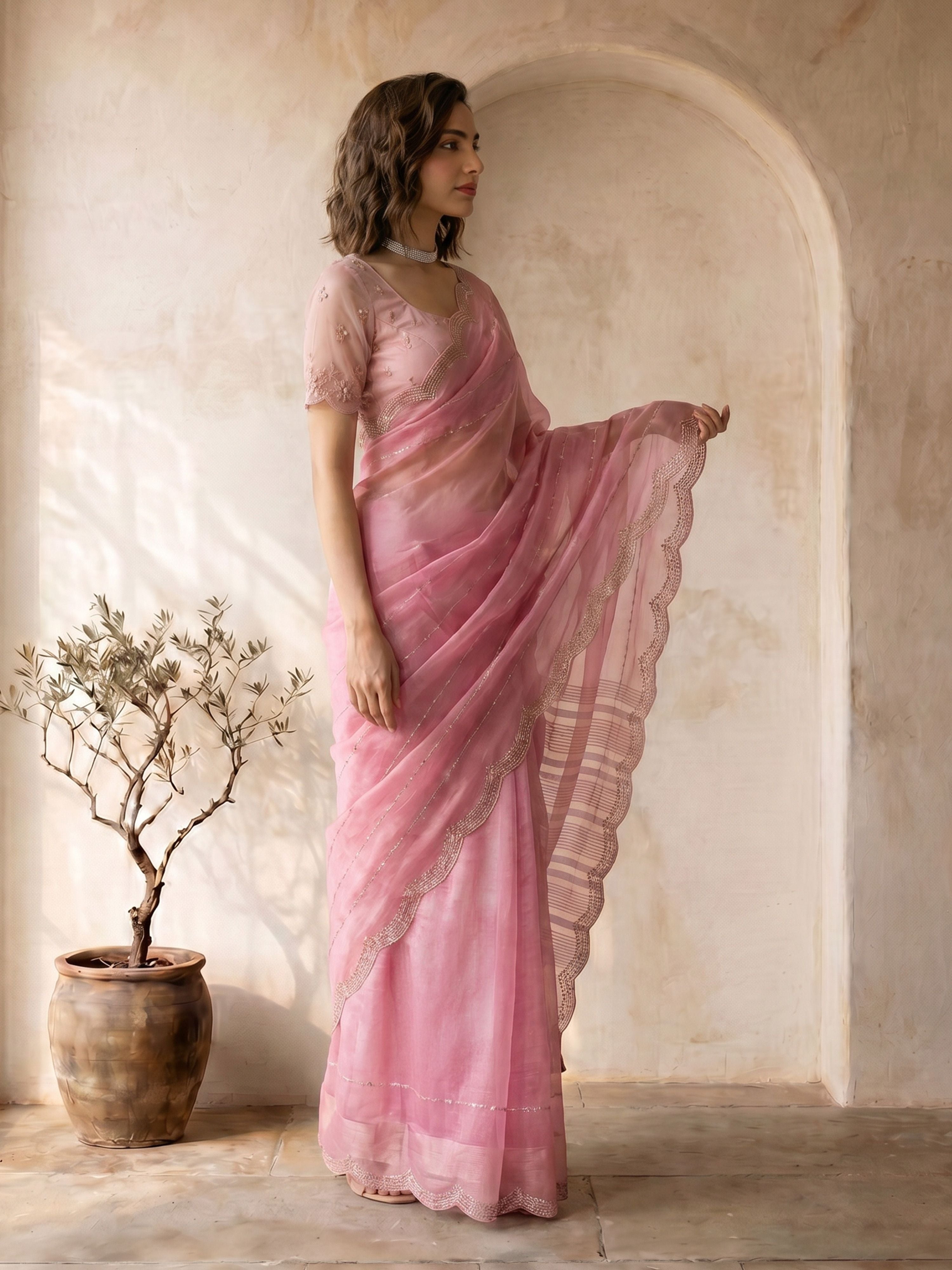 Women's Pink Organza Ethnic Motifs Saree With Unstitched Blouse Piece