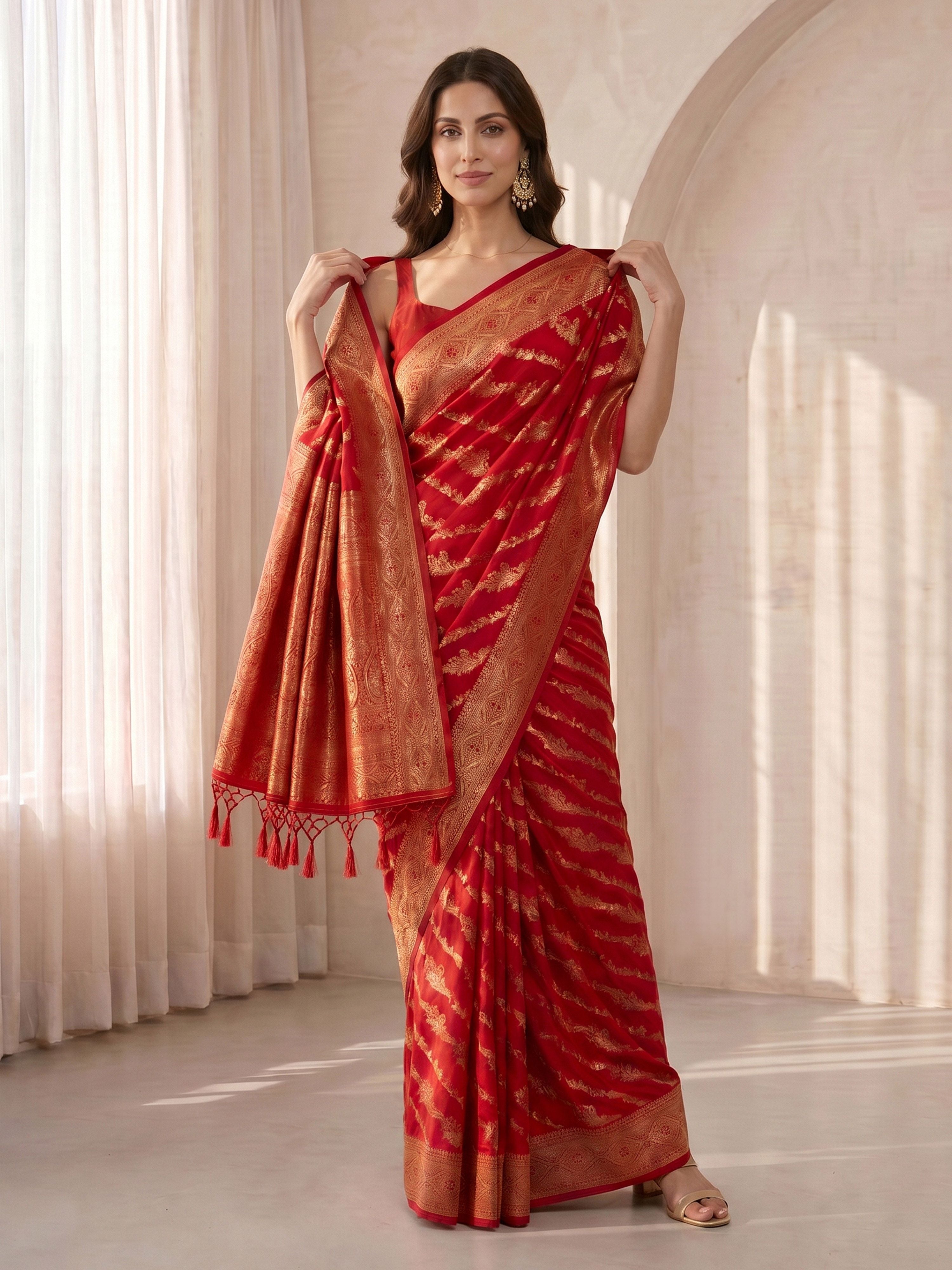 Women's Red Cotton-Silk Ethnic Motifs Saree With Unstitched Blouse Piece