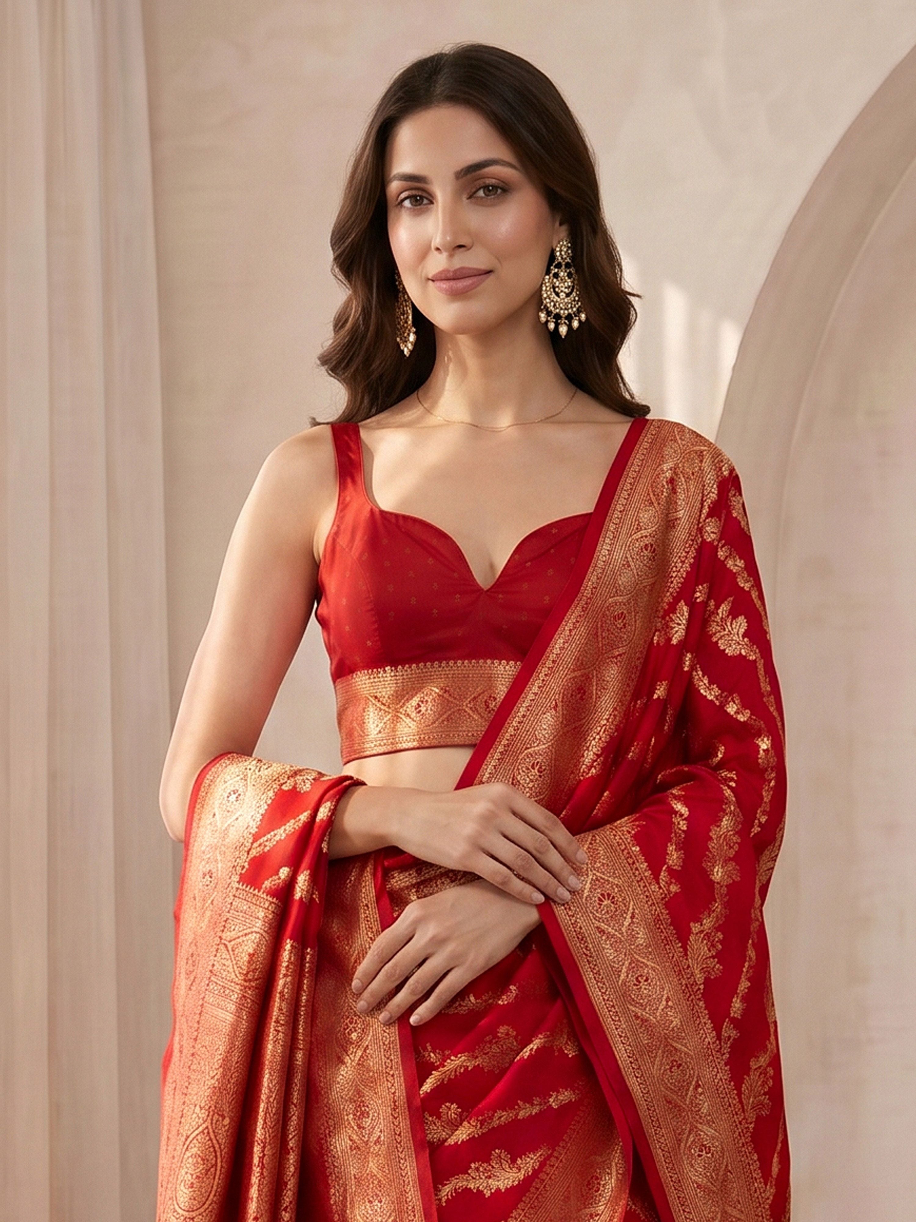 Women's Red Cotton-Silk Ethnic Motifs Saree With Unstitched Blouse Piece