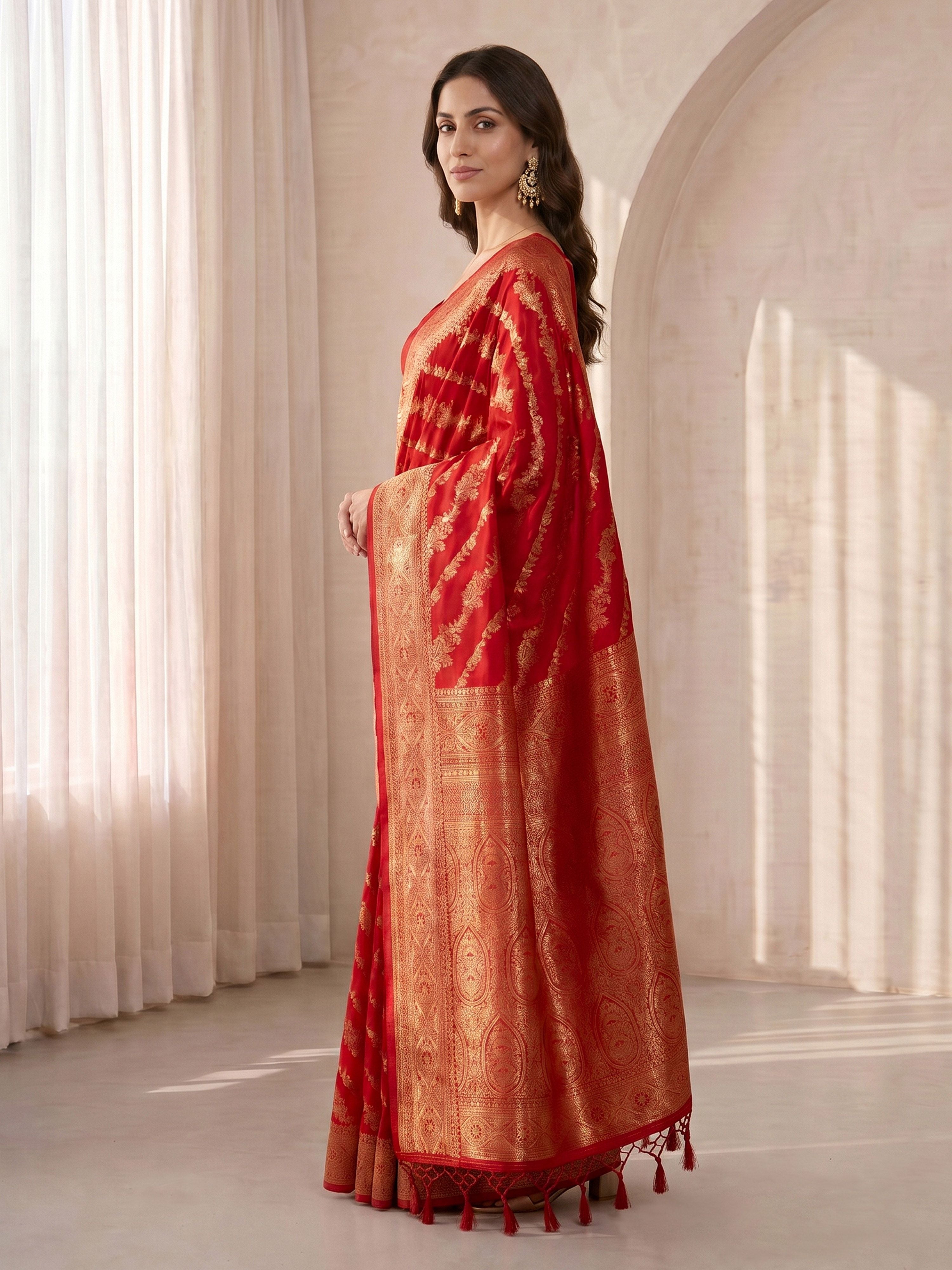 Women's Red Cotton-Silk Ethnic Motifs Saree With Unstitched Blouse Piece