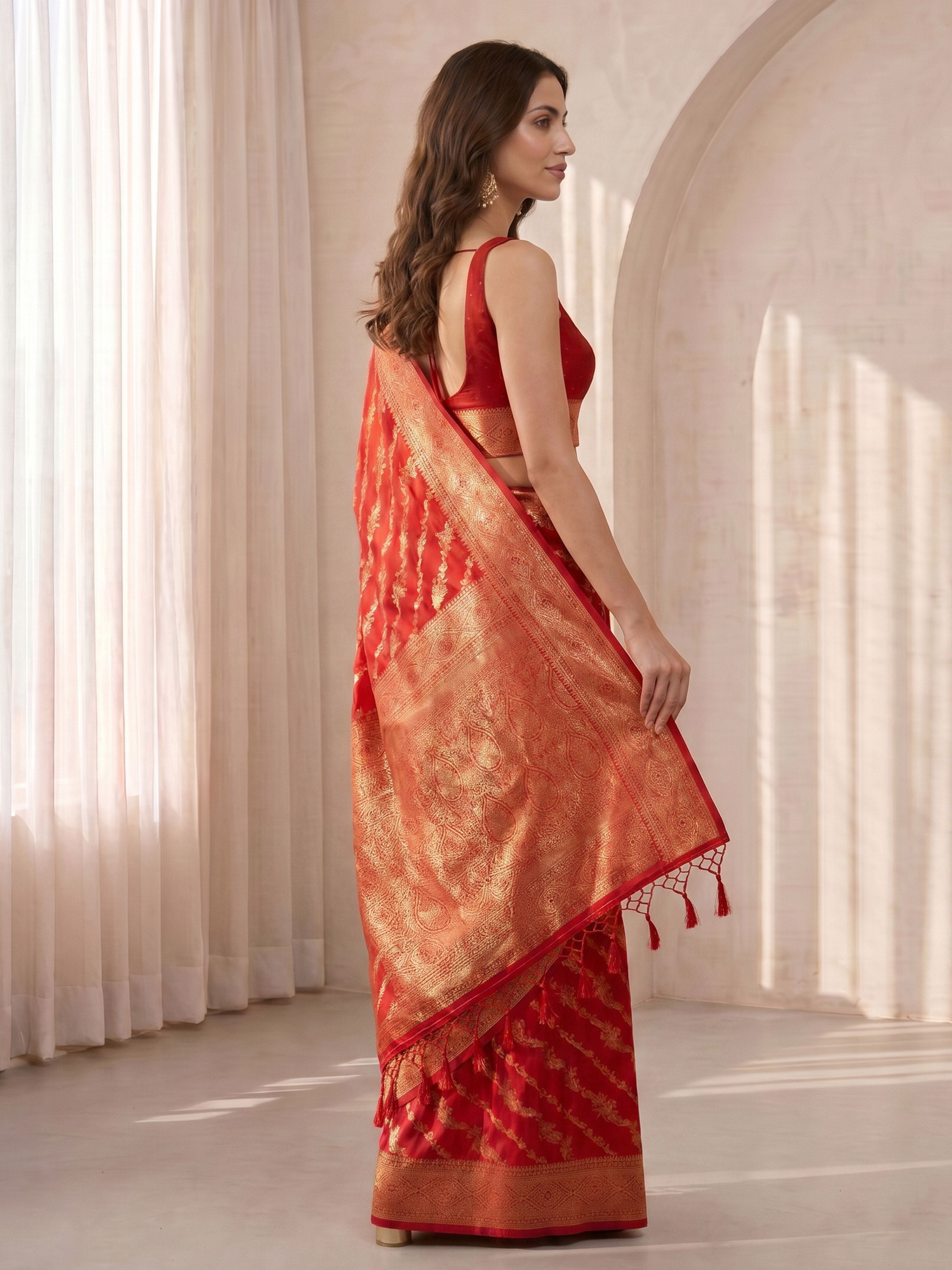 Women's Red Cotton-Silk Ethnic Motifs Saree With Unstitched Blouse Piece