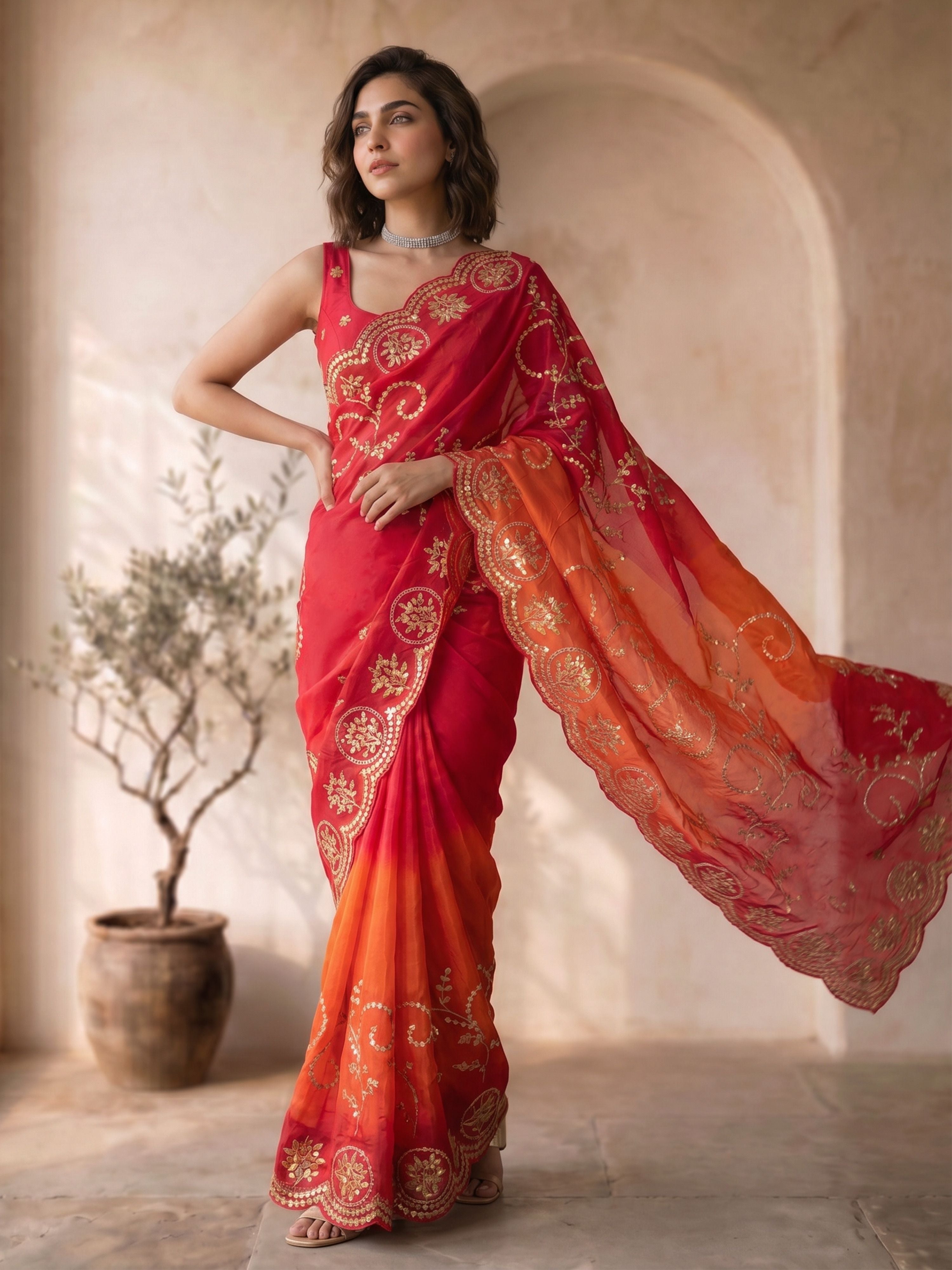 Women's Red Synthetic Embroidered Saree With Unstitched Blouse Piece