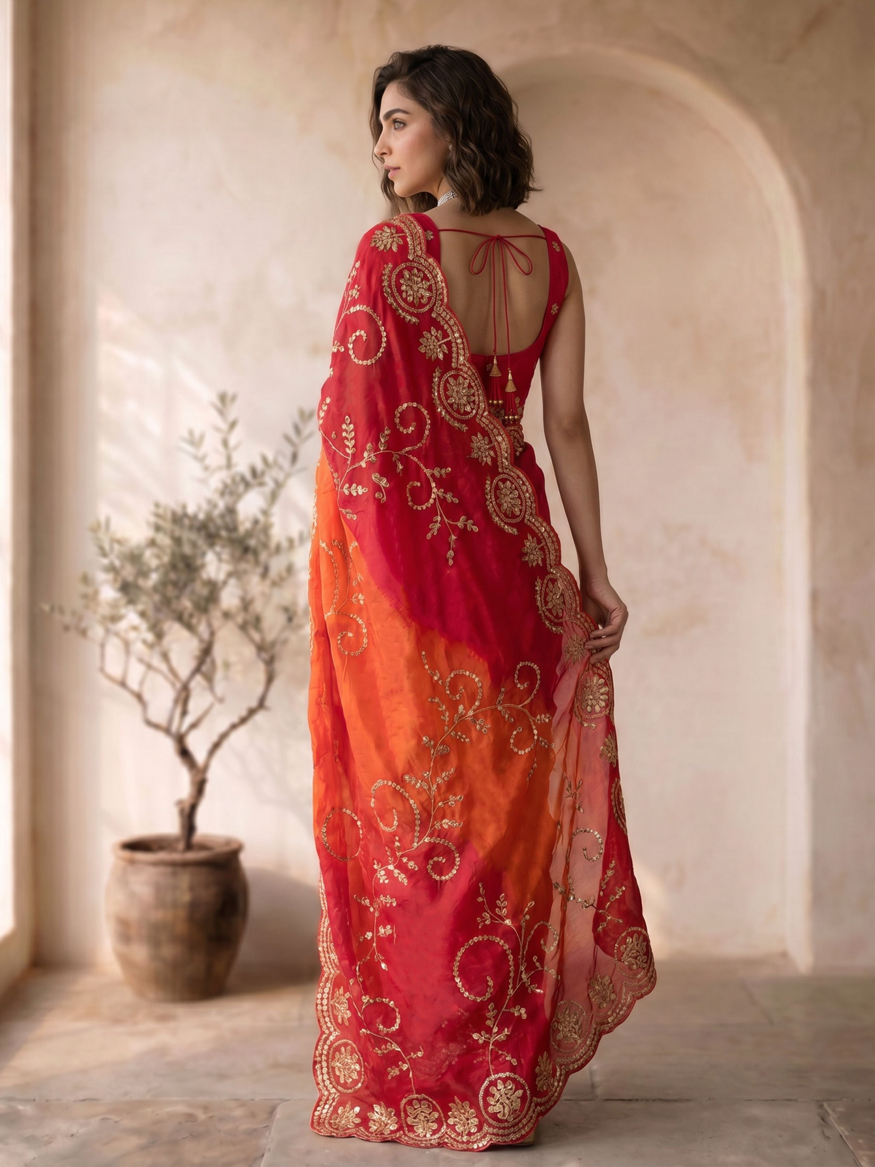 Women's Red Synthetic Embroidered Saree With Unstitched Blouse Piece