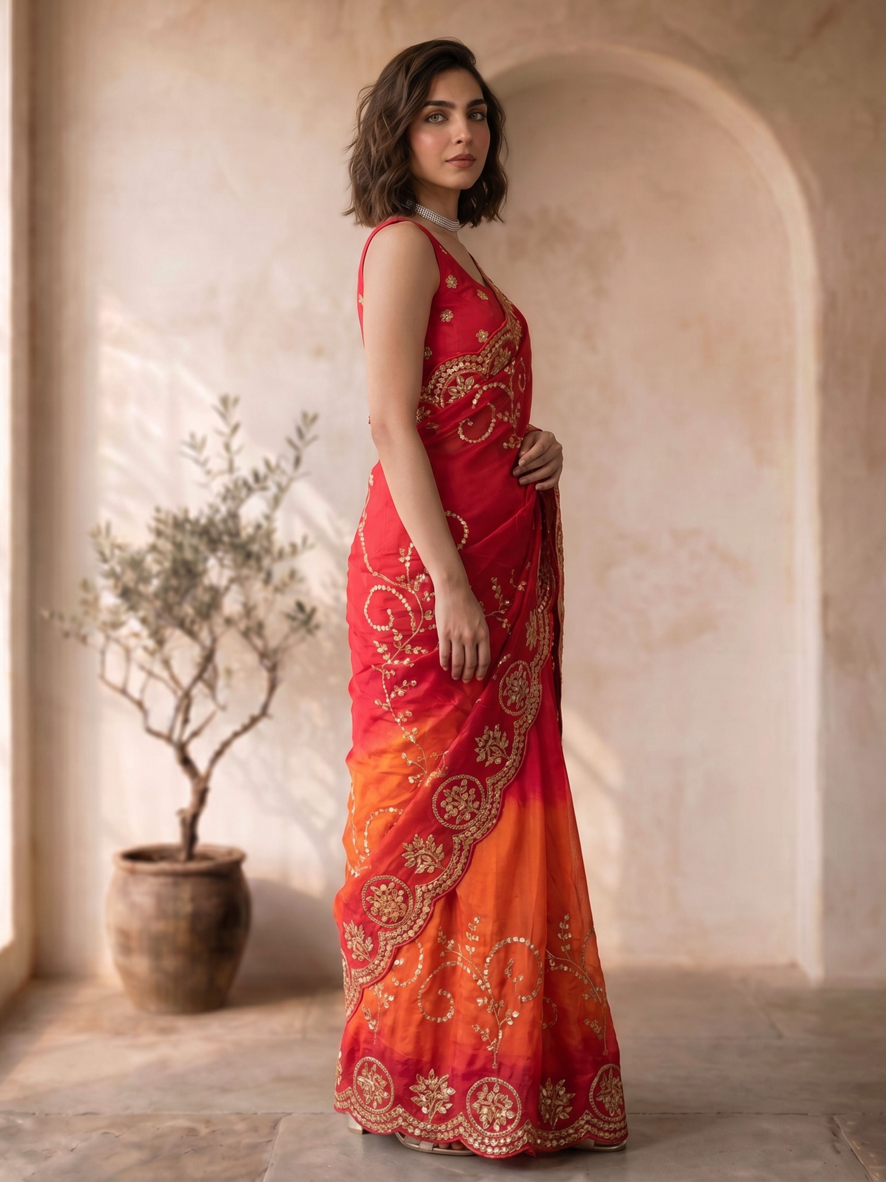 Women's Red Synthetic Embroidered Saree With Unstitched Blouse Piece