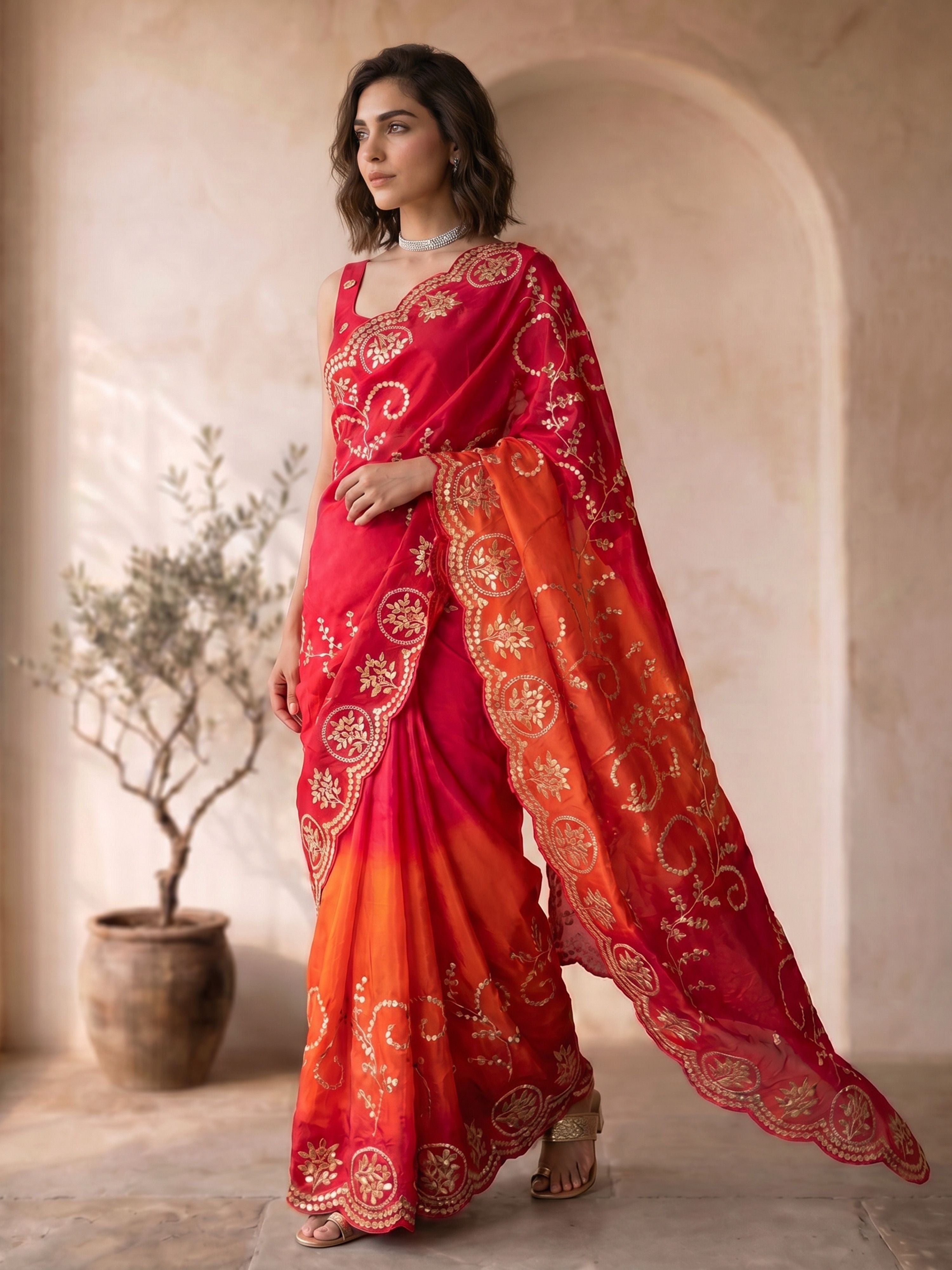 Women's Red Synthetic Embroidered Saree With Unstitched Blouse Piece