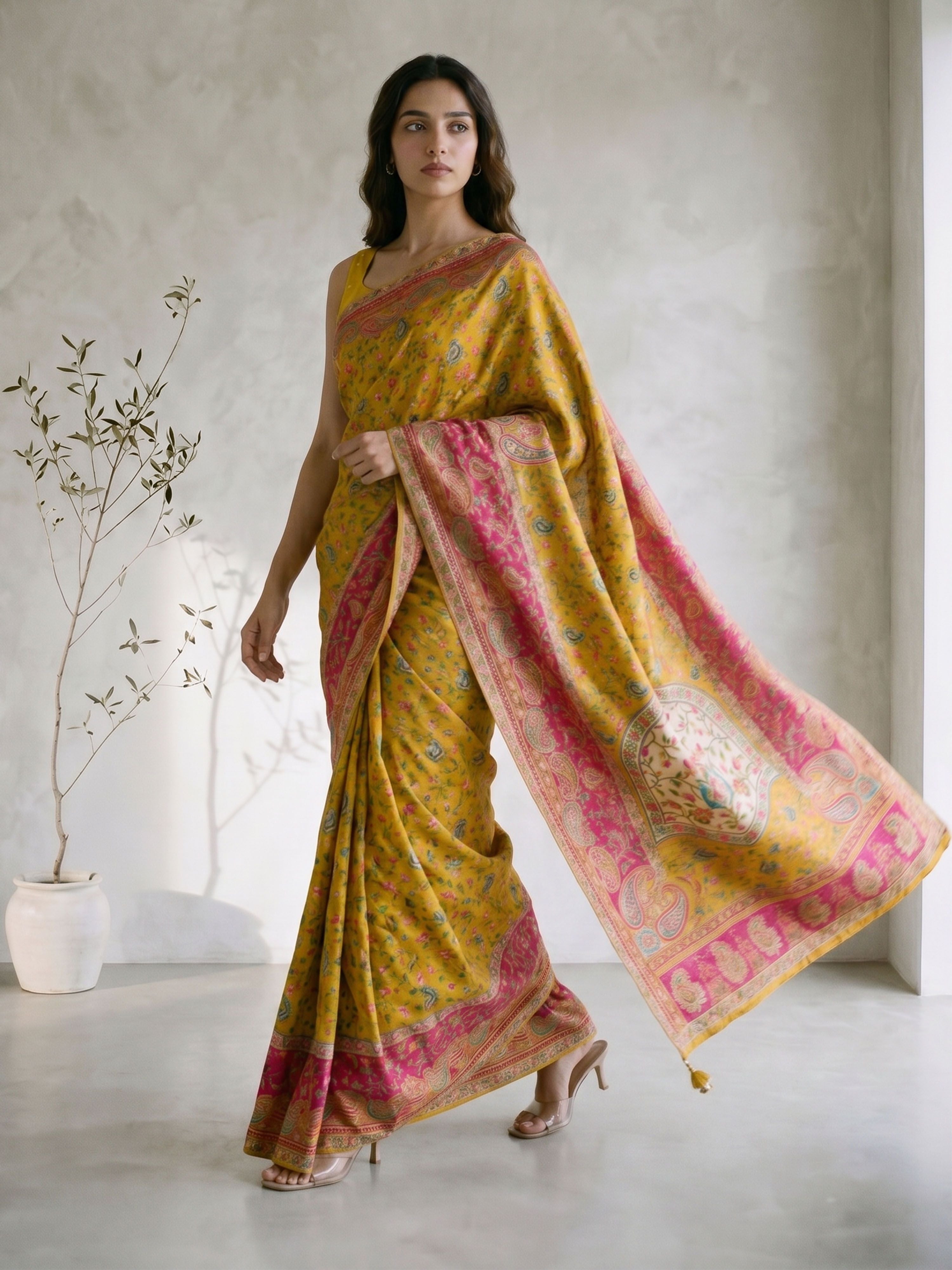 Women's Yellow Art Silk Floral Print Saree With Unstitched Blouse Piece