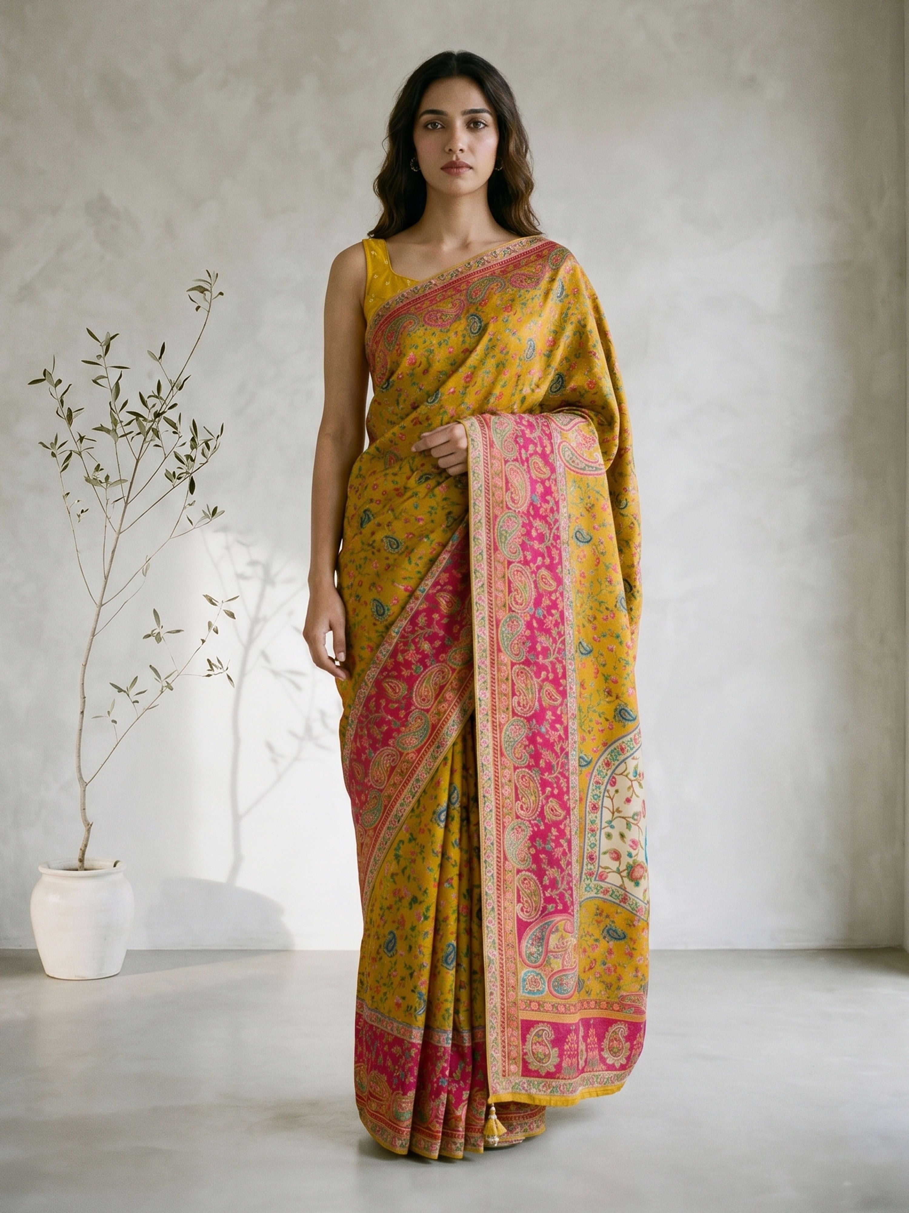 Women's Yellow Art Silk Floral Print Saree With Unstitched Blouse Piece