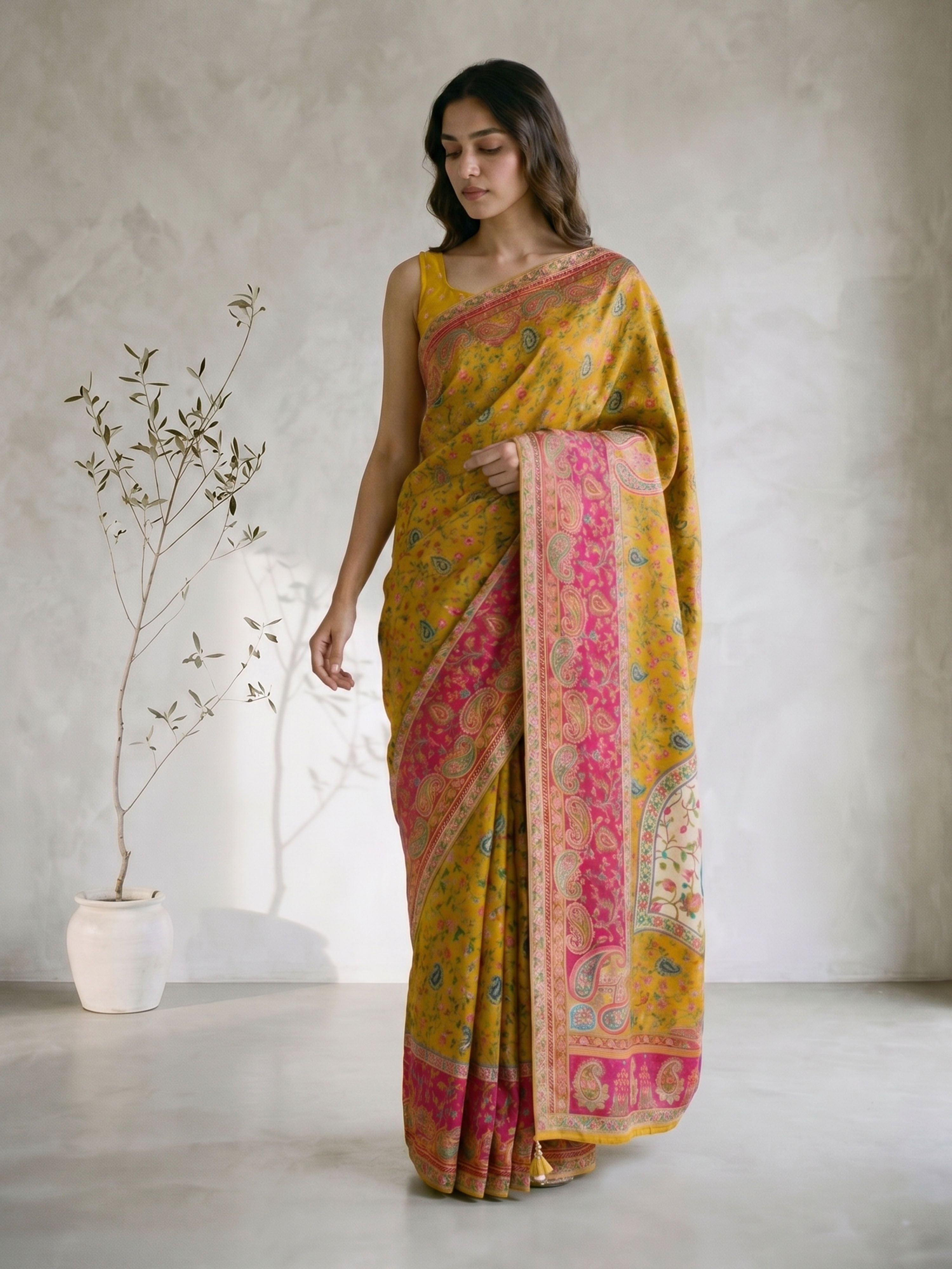Women's Yellow Art Silk Floral Print Saree With Unstitched Blouse Piece