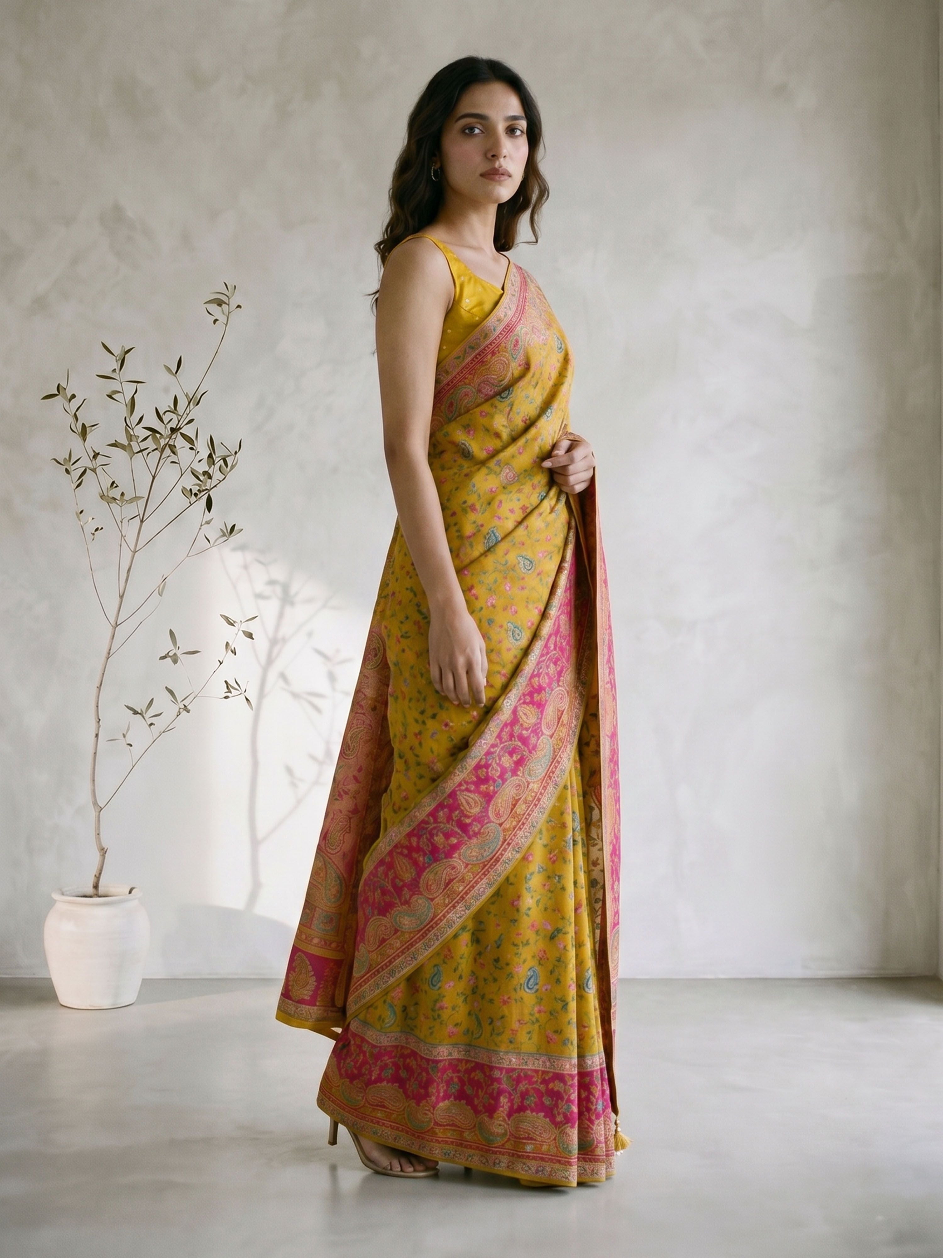 Women's Yellow Art Silk Floral Print Saree With Unstitched Blouse Piece
